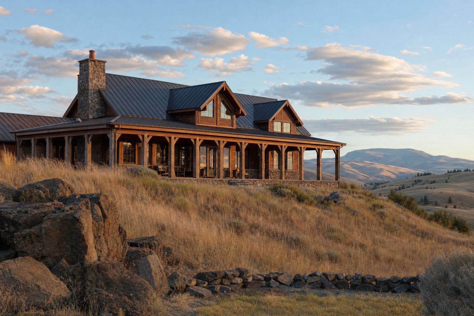 Timber-frame lodge with a long porch above golden hills