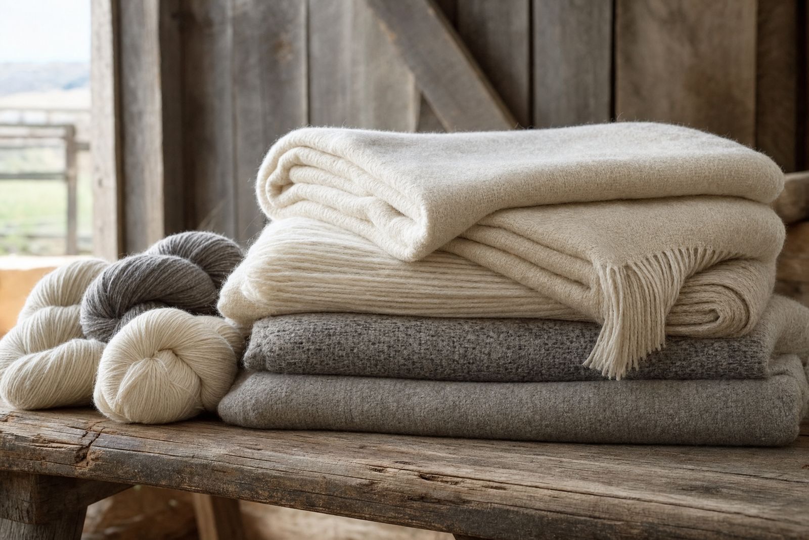 Folded wool blankets and skeins of yarn on a wooden bench