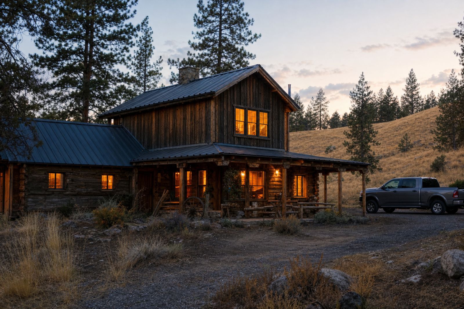Log hunting lodge with lit windows among pines at dusk